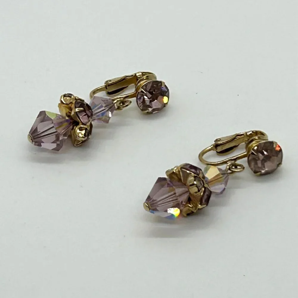 Vintage Aurora Borealis Dangle Earrings Crystal Pink Iridescent Faceted Goldtone - Picture 2 of 15